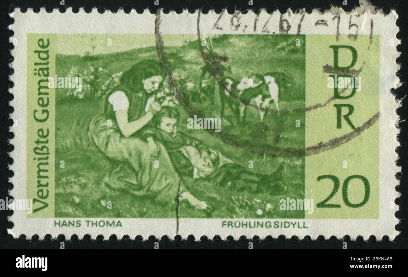 DEUTSCHLAND- UM 1967: Briefmarke gedruckt von Deutschland, zeigt Frühlings-Idylle, von Hans Thoma, um 1967. Stockfoto