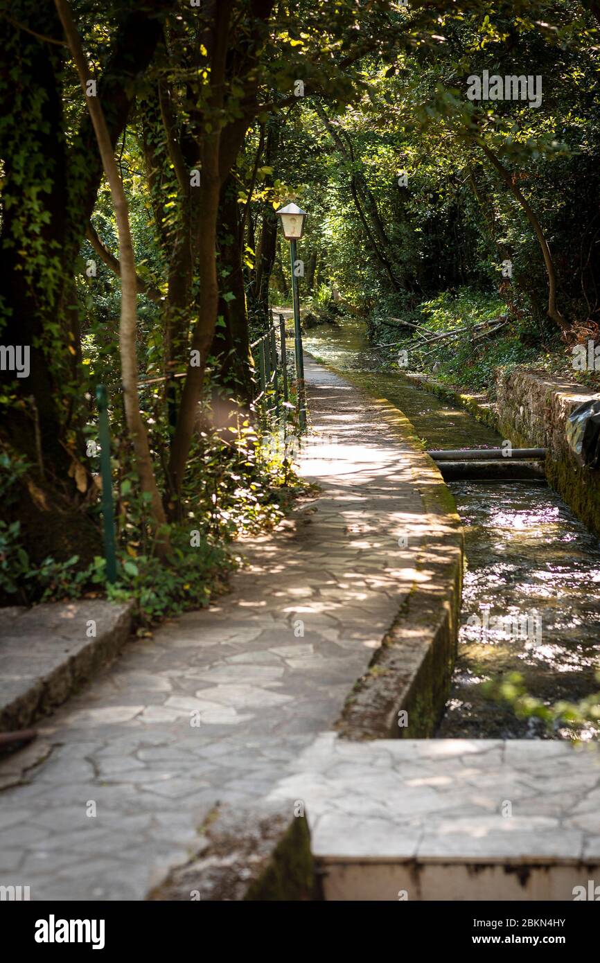 Ljuta Fluss in Konavle, der ländlichen Gegend südlich von Dubrovnik, Kroatien. Der Fluss enthält kaltes, sehr sauberes, klares Wasser. Schöne Umgebung mit Baum Stockfoto