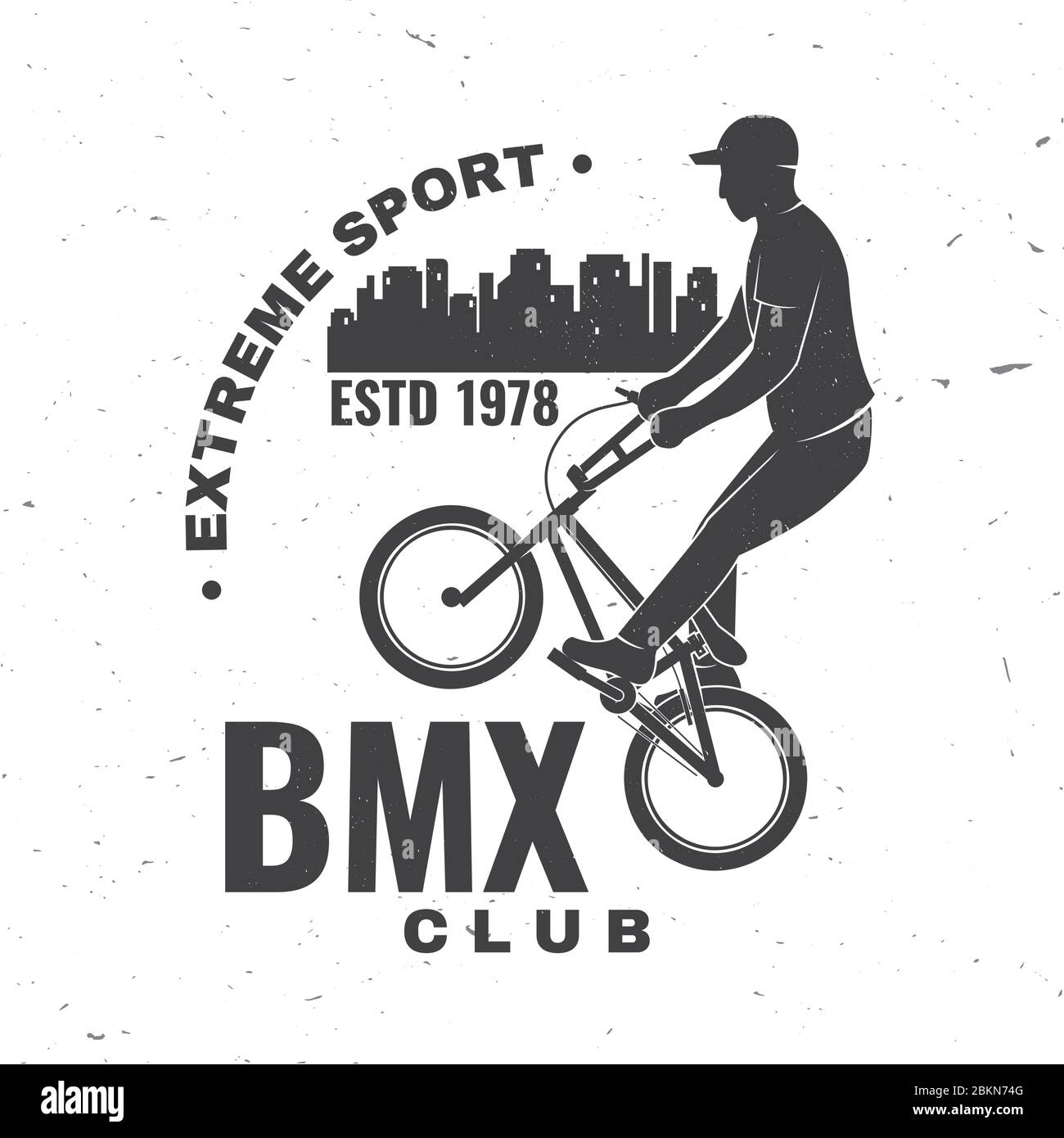 BMX-Verbandsabzeichen für Extremsport. Vektorgrafik. Konzept für Shirt, Logo, Druck, Stempel, T-Shirt mit Mann Fahrt auf einem Sportfahrrad. Vintage Typografie des Stock Vektor