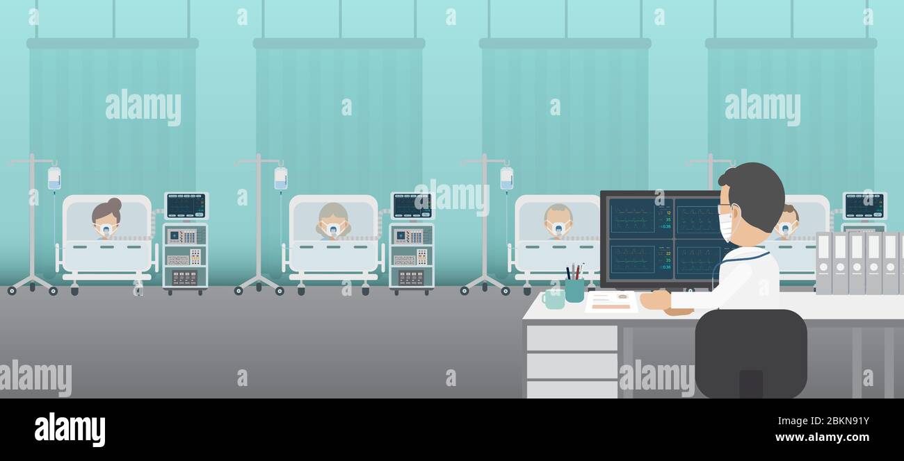 Arzt mit Gruppe von kritischen Patienten und Beatmungsgeräten flache Design Vektor-Illustration Stock Vektor