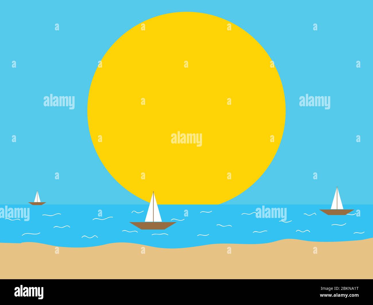 Minimalistische Abstrakte Handgezeichnete Meer- Und Strandszene Mit Sandseebooten Und Großer Gelber Sonne Stock Vektor