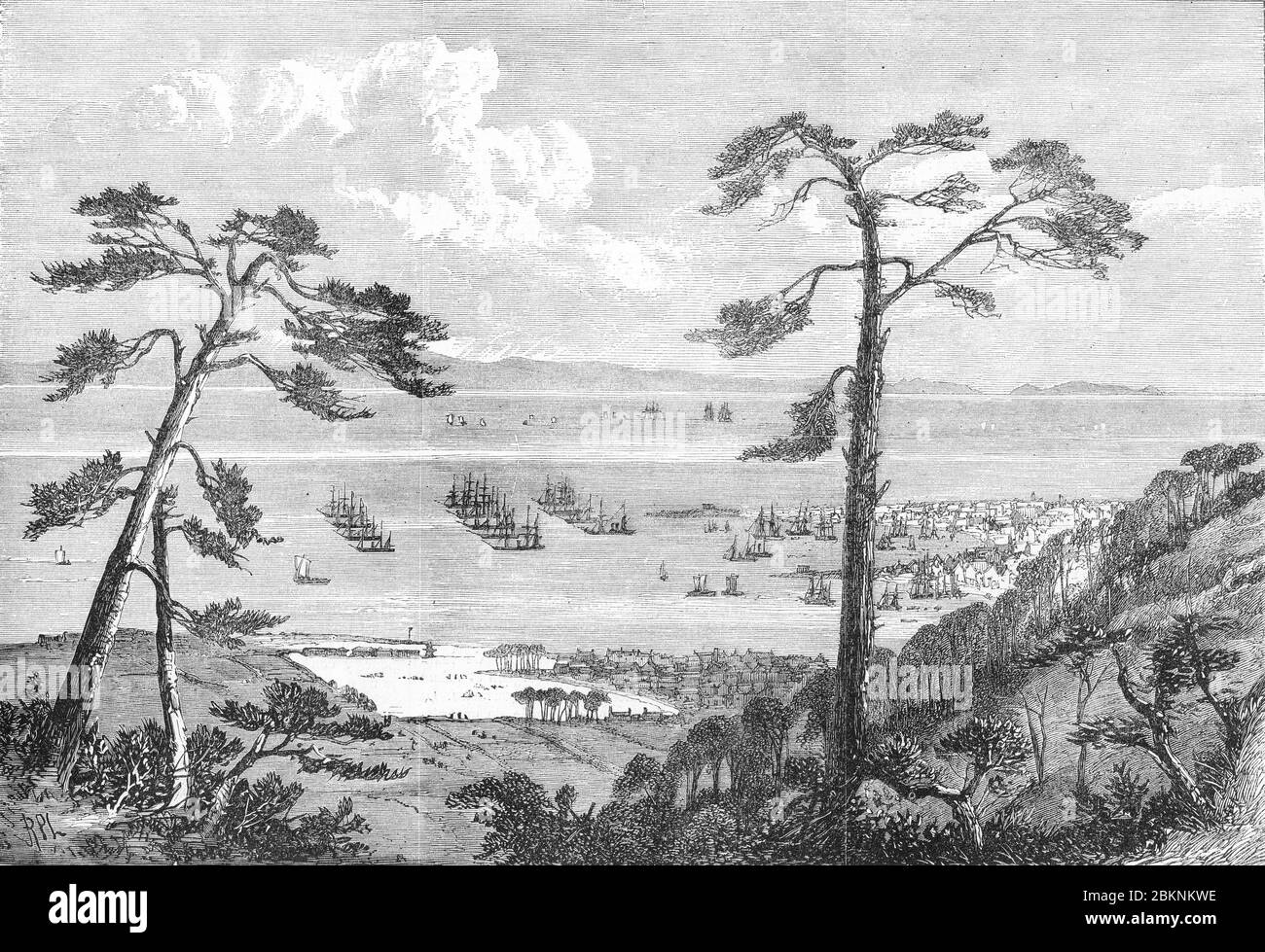 [ 1860er Jahre Japan - Hafen von Kobe ] - Gravur aus der illustrierten London News zeigt den Hafen von Hyogo, die zukünftige Stadt Kobe, im Jahr 1868. 19. Jahrhundert Vintage Zeitungsstich. Stockfoto