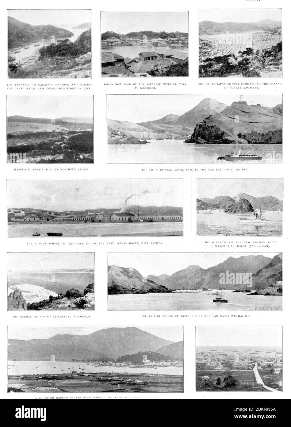 [ 1900er Japan - Japanische Marinehäfen ] - Seite aus der illustrierten London News Band CXXIV, 1904 (Meiji 37) zeigt japanische Marinehäfen in Asien. Originaltitel: „Marinestützpunkte und fremde Einflusssphären im Far-Osten“. Diese Ausgabe der Illustrated London News konzentrierte sich auf den russisch-japanischen Krieg (1904-1905). Vintage Zeitung Illustration des 20. Jahrhunderts. Stockfoto