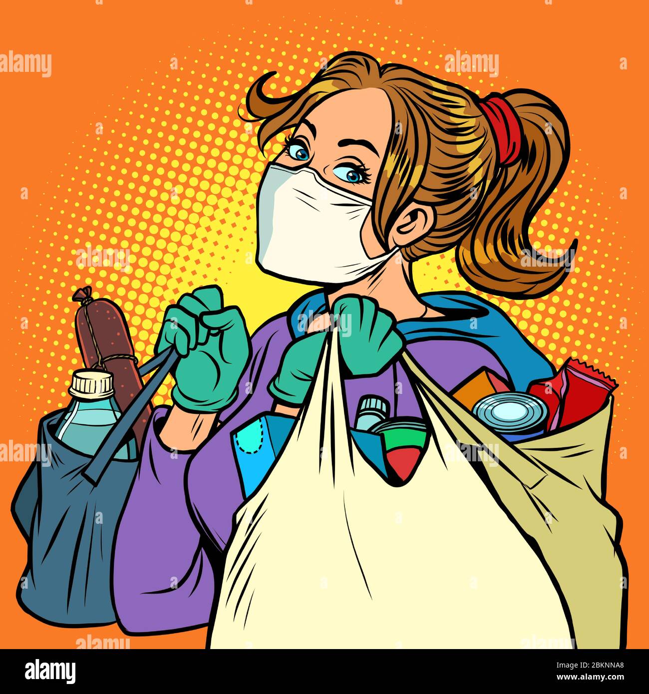 Eine Frau in einer medizinischen Maske mit Beutel mit Lebensmitteln Stock Vektor