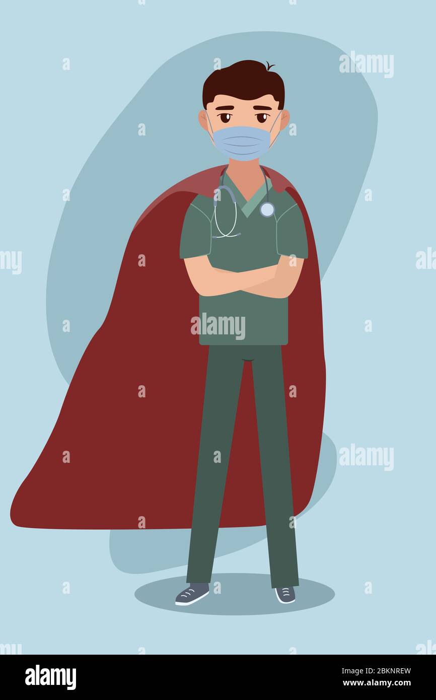 Flache Cartoon-Kunst mit Arzt in Gesichtsmaske und Superhelden Mantel für medizinische Gestaltung. Konzept des Gesundheitswesens. Vektorgrafik. Stock Vektor