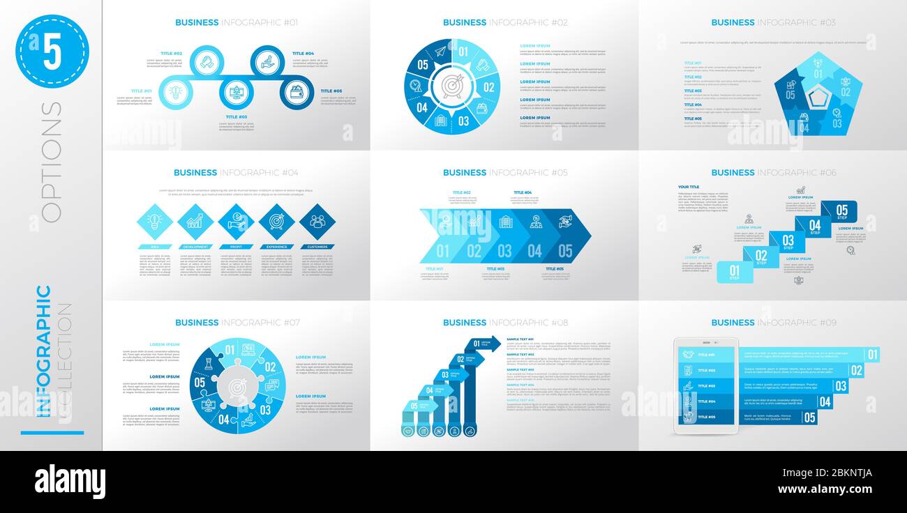 Infografik Business Template mit 5 Optionen. Blaue Version. Stock Vektor