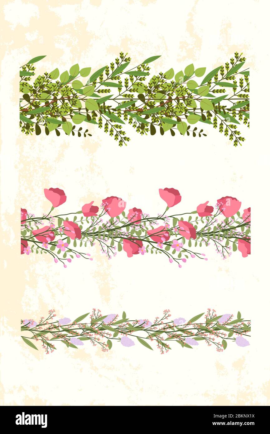 Elegantes grünes florales Nahtloses Muster für Rand- und Rahmendesign. Botanischer Druck blank für Papier, Klebeband, Stoff. Stock Vektor