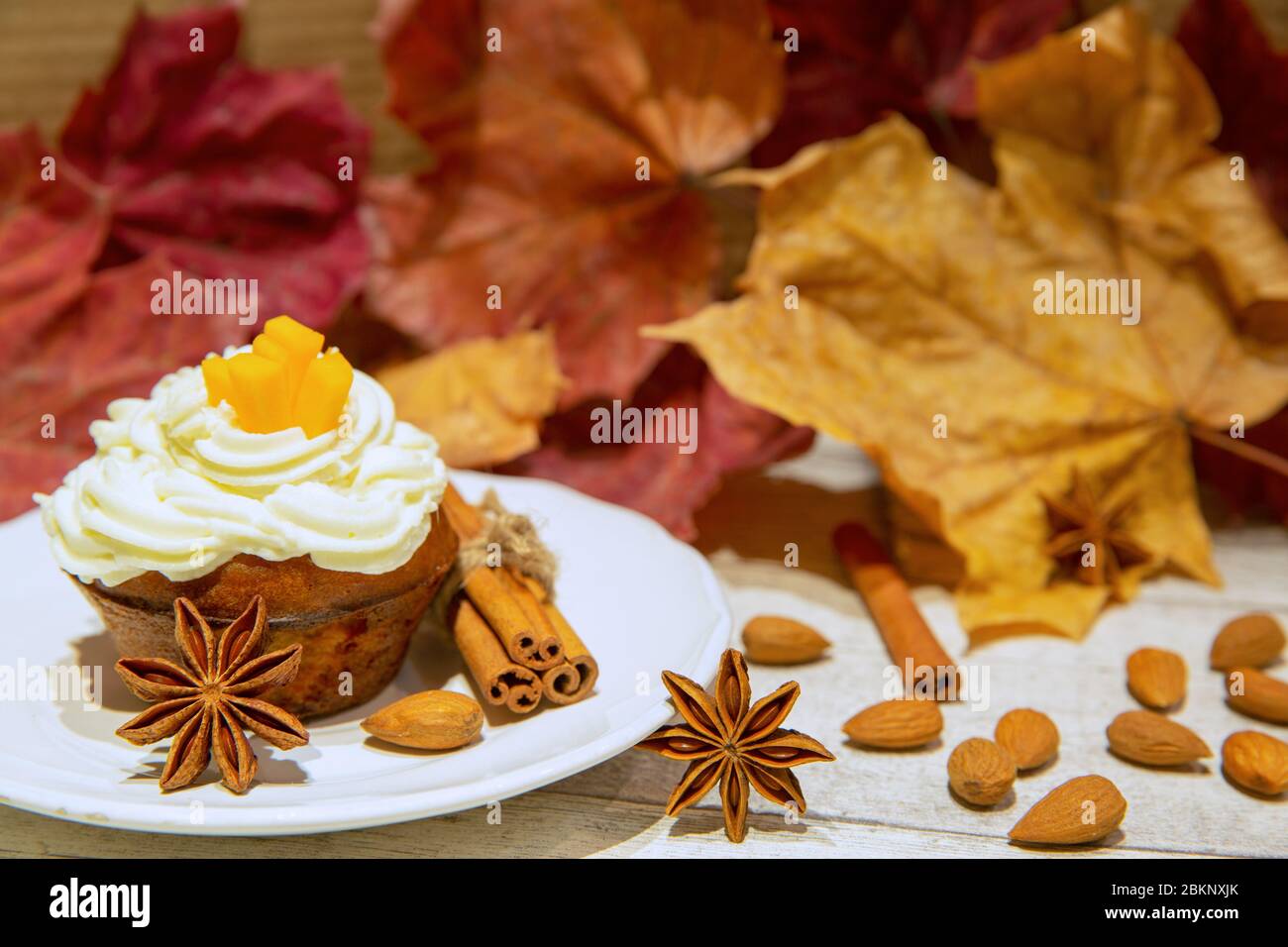 Süßer Kürbis Cupcake mit Zimt und Nüssen auf buntem Herbstlaub Hintergrund. Herbstdessert. Stockfoto
