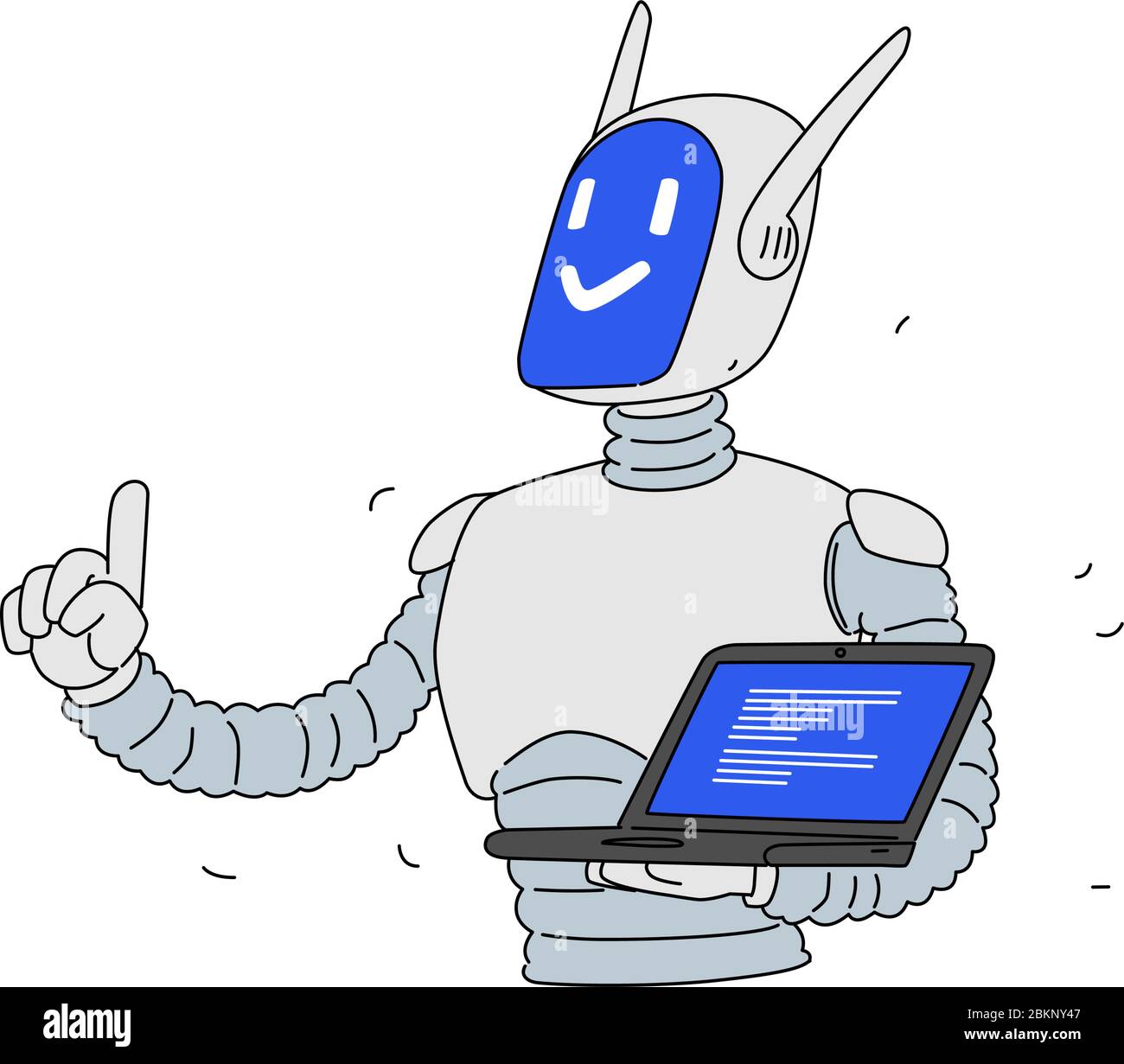 Abbildung eines Roboters mit Laptop. Vektor. Cartoon android Entwickler. Maskottchen des Unternehmens. Datenschutz. Online-Programmierung. Stock Vektor