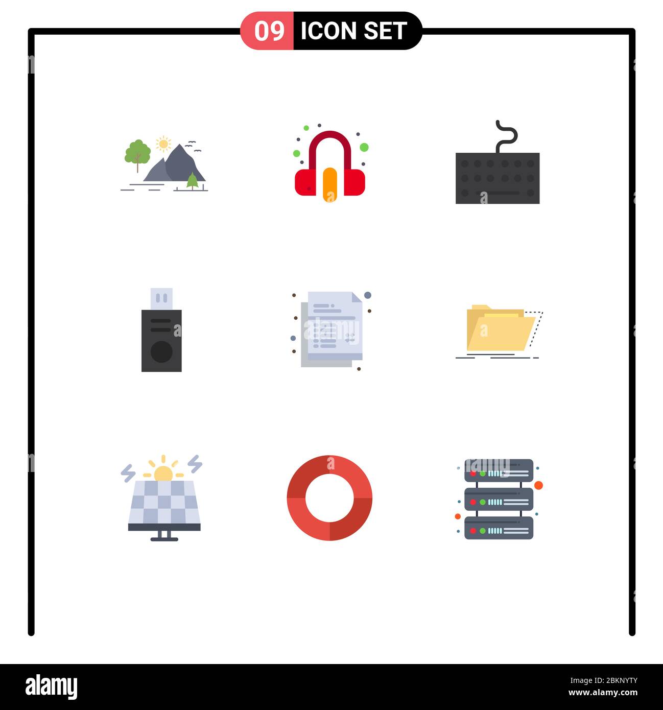 9 Universal Flat Color Signs Symbole der Zeichnung, kreativ, Kopfhörer, usb, Festplatte editierbar Vektor Design-Elemente Stock Vektor