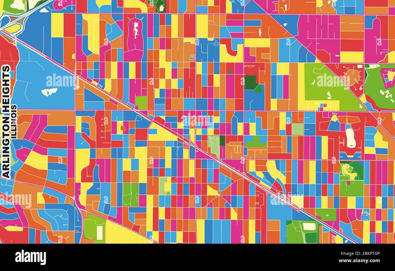 Bunte Vektorkarte von Arlington Heights, Illinois, USA. Art Map Vorlage für selbstdruckende Wandkunst im Querformat. Stock Vektor