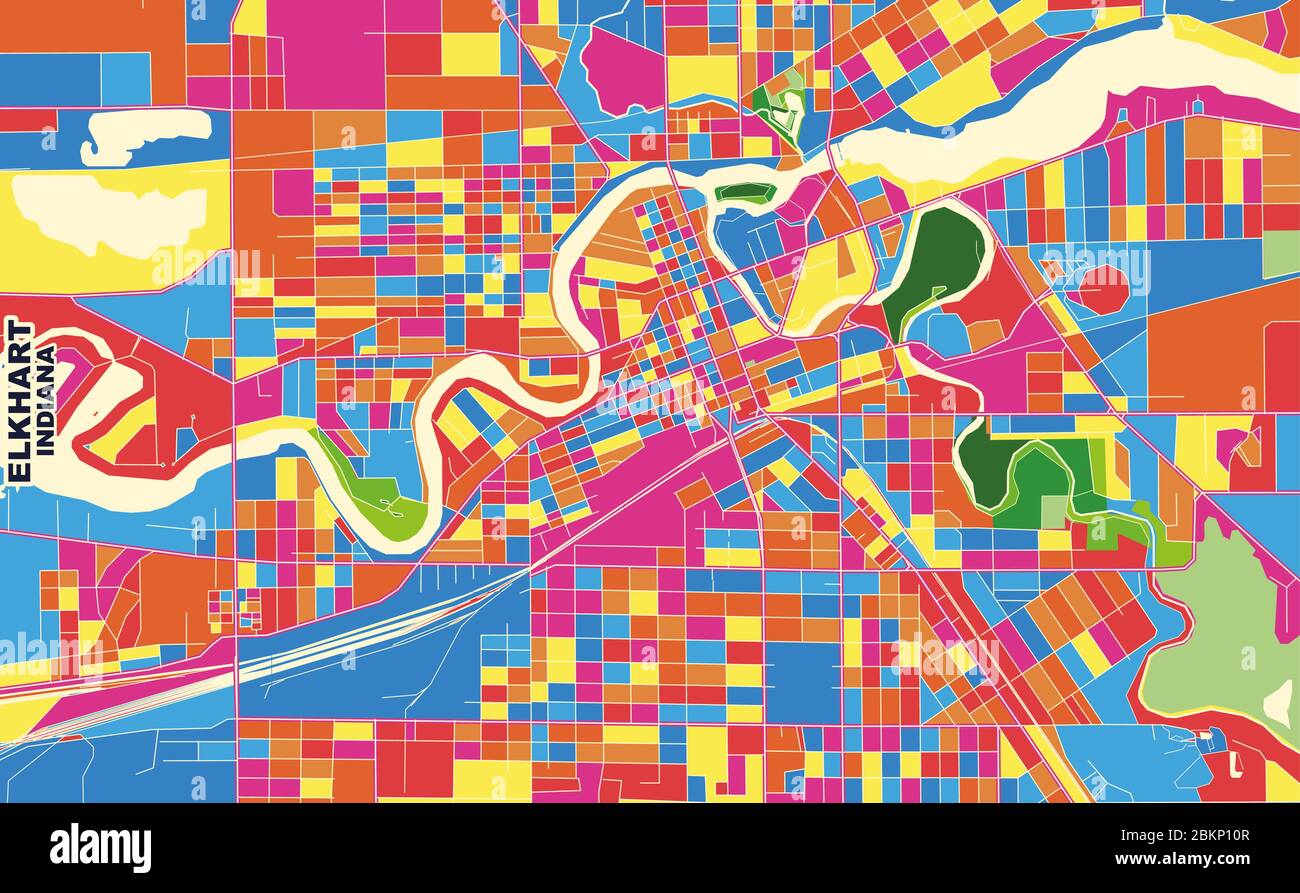 Bunte Vektorkarte von Elkhart, Indiana, Vereinigte Staaten von Amerika. Art Map Vorlage für selbstdruckende Wandkunst im Querformat. Stock Vektor