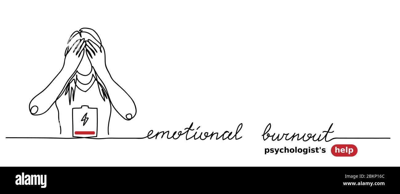 Emotionales Burnout, Stress, niedrige Batterie einfacher Vektor-Hintergrund mit Frau. Psychologe Hilfe Web-Banner. Emotionaler Burnout-Schriftzug Stock Vektor