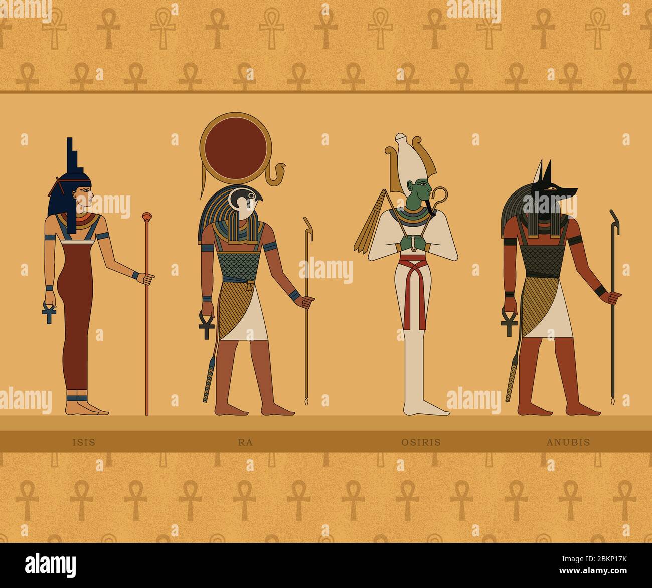 Illustrationen der Götter des alten Ägypten. ISIS, Ra, Osiris und Anubis. Stock Vektor