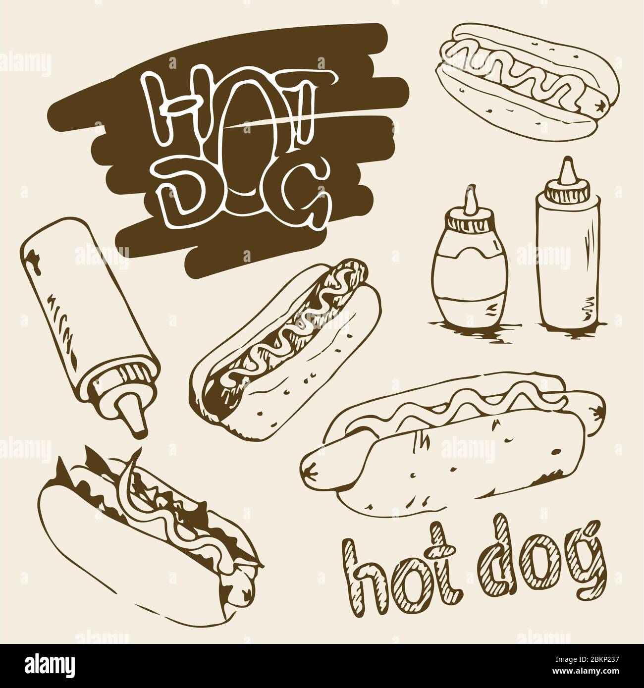 Handgezeichnete Abbildungen von Hot Dog. Fast-Food-Designelemente, Skizzen von Hotdogs mit Sauce und Mayonnaise. Plastikflaschen mit Sauce und Mayonnaise. Stock Vektor