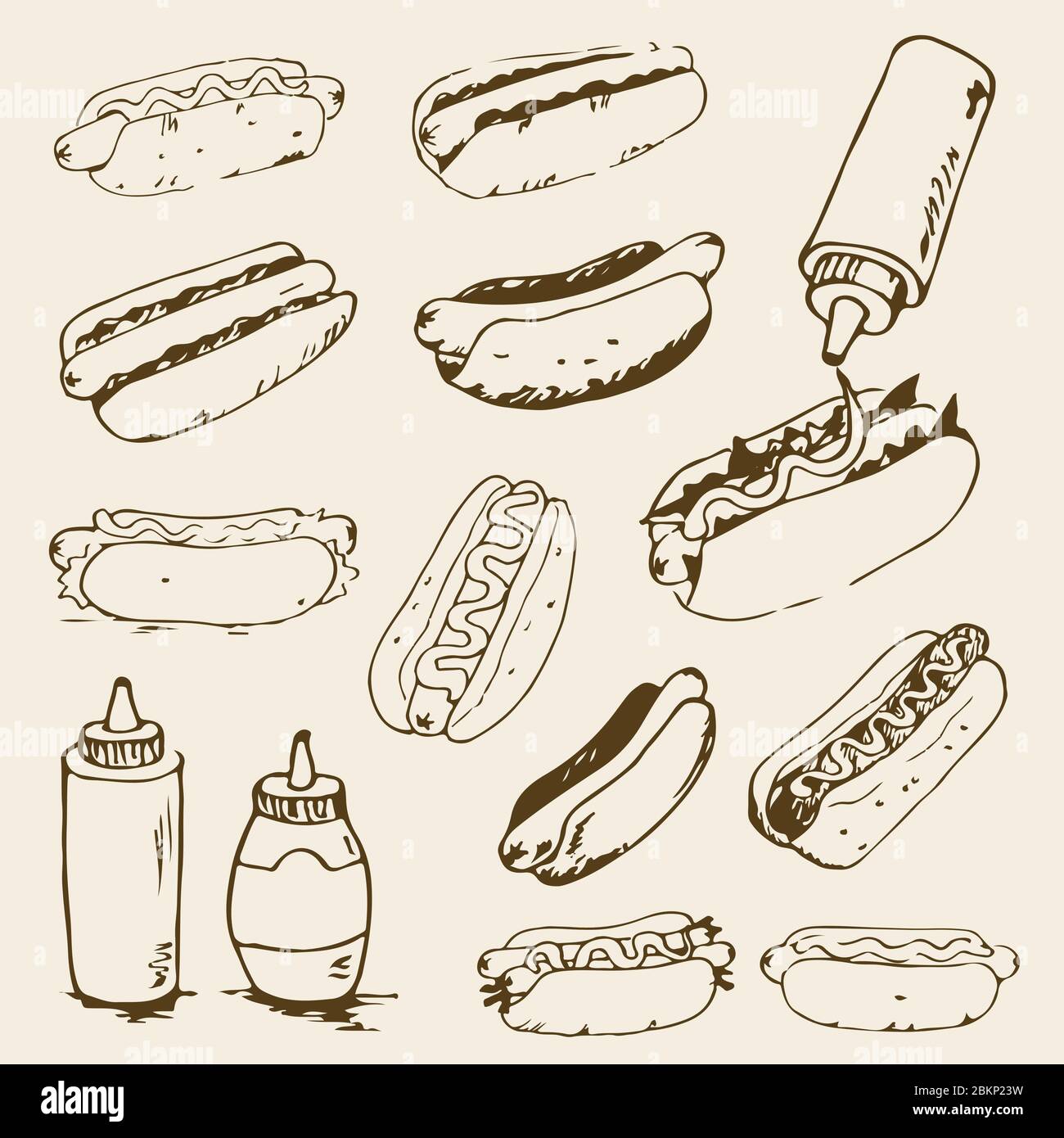 Hot Dog Handgezeichnete Illustrationen. Fast Food Design Elemente, Skizzen von Hotdogs mit Sauce, Mayonnaise und Gemüse. Monochromer EPS8-Vektor Stock Vektor