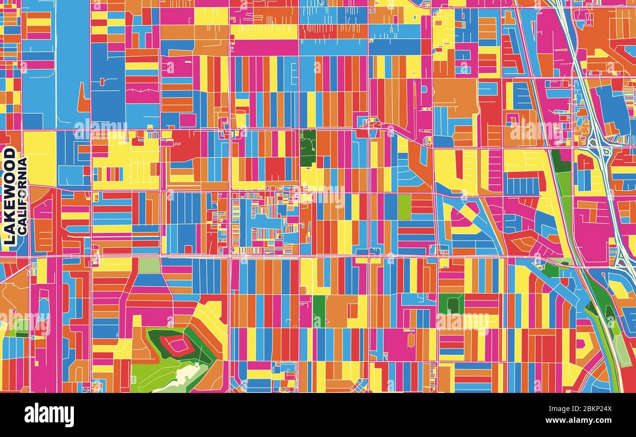 Bunte Vektorkarte von Lakewood, Kalifornien, USA. Art Map Vorlage für selbstdruckende Wandkunst im Querformat. Stock Vektor