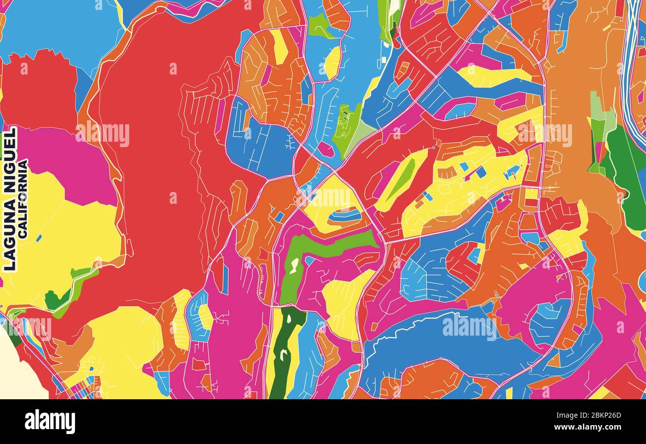 Bunte Vektorkarte von Laguna Niguel, Kalifornien, USA. Art Map Vorlage für selbstdruckende Wandkunst im Querformat. Stock Vektor