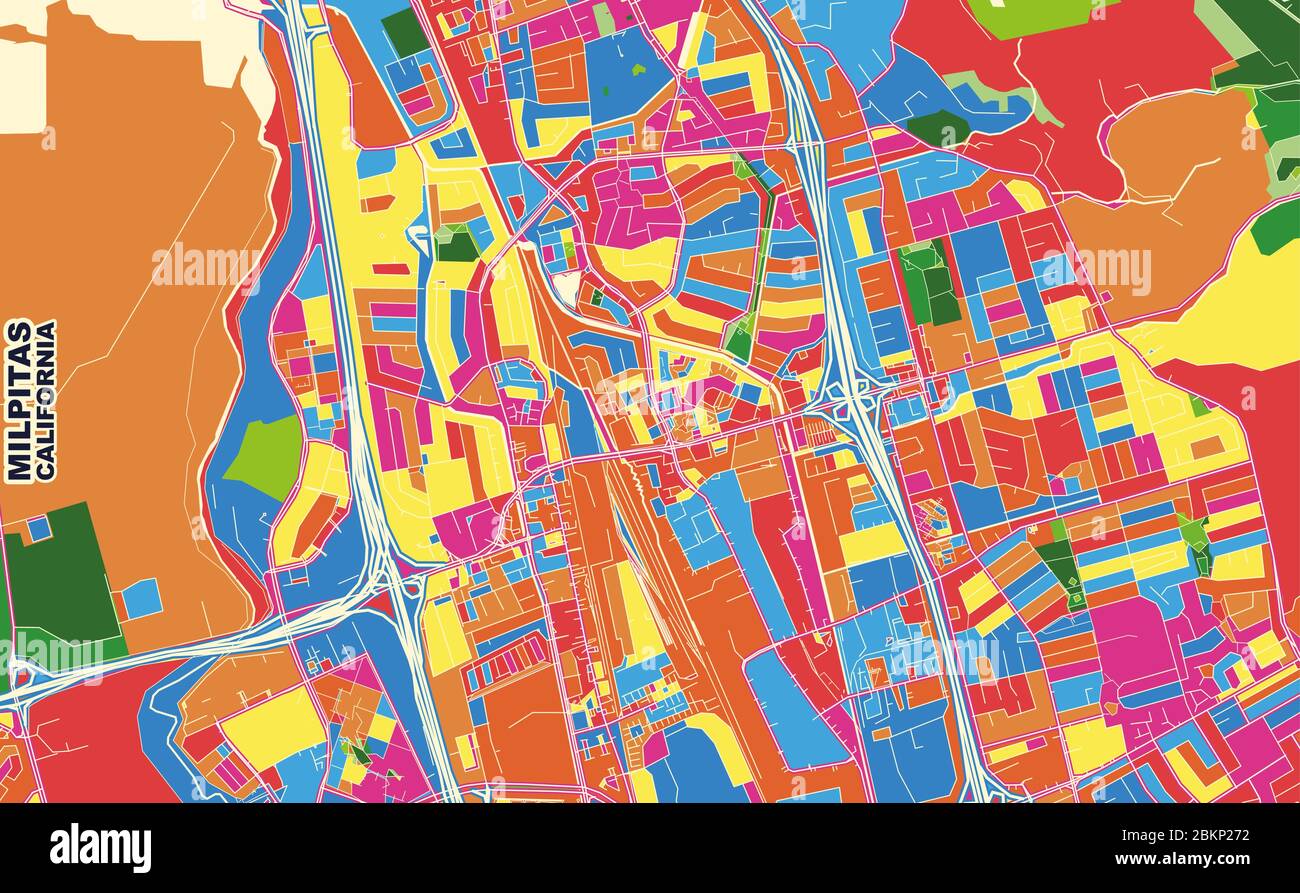 Bunte Vektorkarte von Milpitas, Kalifornien, USA. Art Map Vorlage für selbstdruckende Wandkunst im Querformat. Stock Vektor
