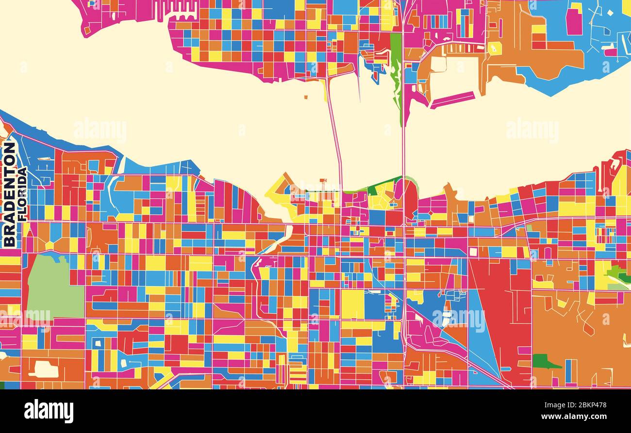 Bunte Vektorkarte von Bradenton, Florida, USA. Art Map Vorlage für selbstdruckende Wandkunst im Querformat. Stock Vektor