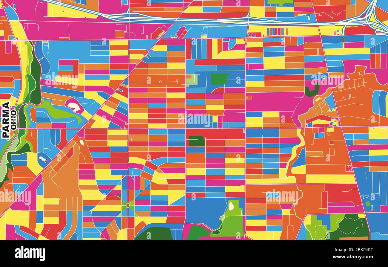 Bunte Vektorkarte von Parma, Ohio, USA. Art Map Vorlage für selbstdruckende Wandkunst im Querformat. Stock Vektor