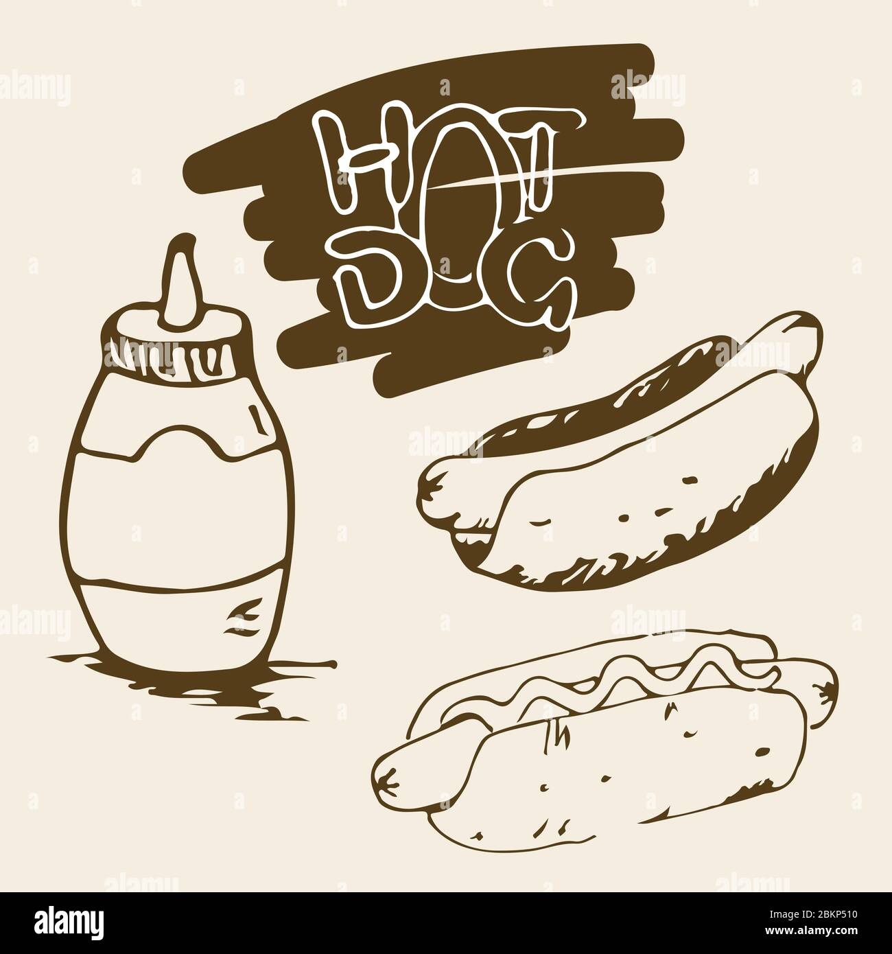 Handgezeichnete Abbildungen von Hot Dog. Fast-Food-Designelemente, Skizzen von Hotdogs mit Mayonnaise und Sauce in einer Plastikflasche. Monochromer EPS8-Vektor Stock Vektor