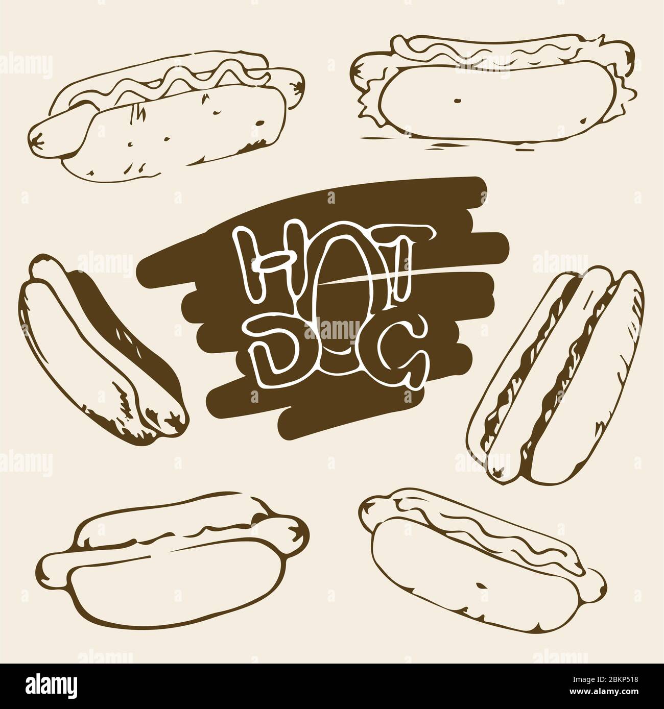 Handgezeichnete Abbildungen von Hot Dog. Fast-Food-Designelemente, Skizzen von Hotdogs mit Sauce und Mayonnaise. Monochrome EPS8-Vektorgrafiken. Stock Vektor
