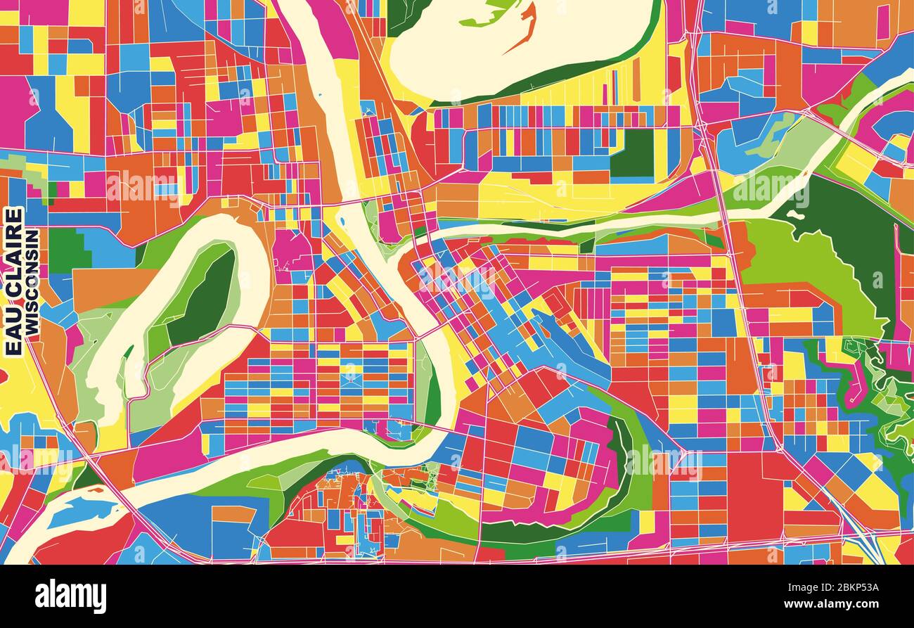 Bunte Vektorkarte von Eau Claire, Wisconsin, USA. Art Map Vorlage für selbstdruckende Wandkunst im Querformat. Stock Vektor