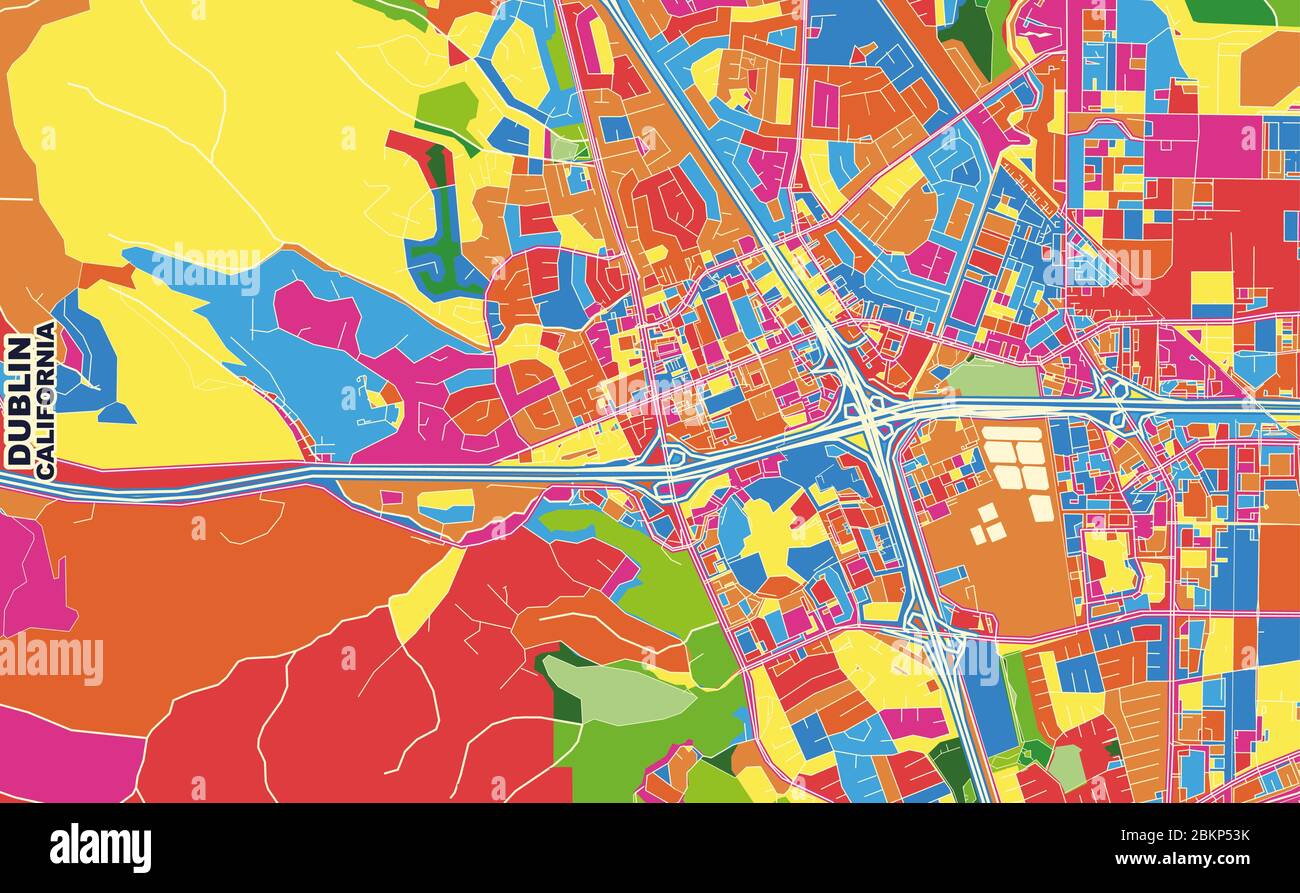 Bunte Vektorkarte von Dublin, Kalifornien, USA. Art Map Vorlage für selbstdruckende Wandkunst im Querformat. Stock Vektor