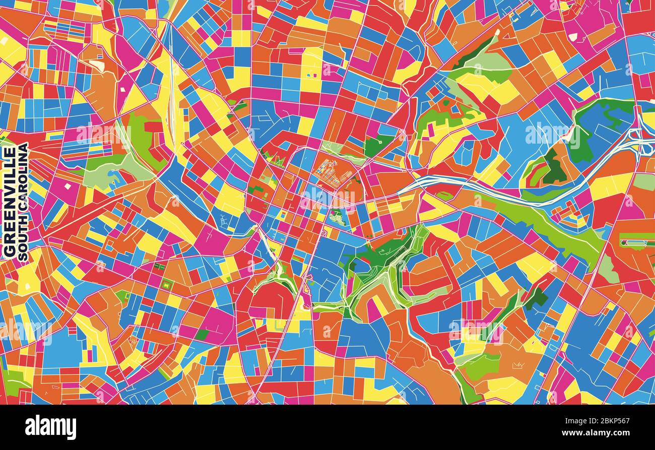 Bunte Vektorkarte von Greenville, South Carolina, USA. Art Map Vorlage für selbstdruckende Wandkunst im Querformat. Stock Vektor