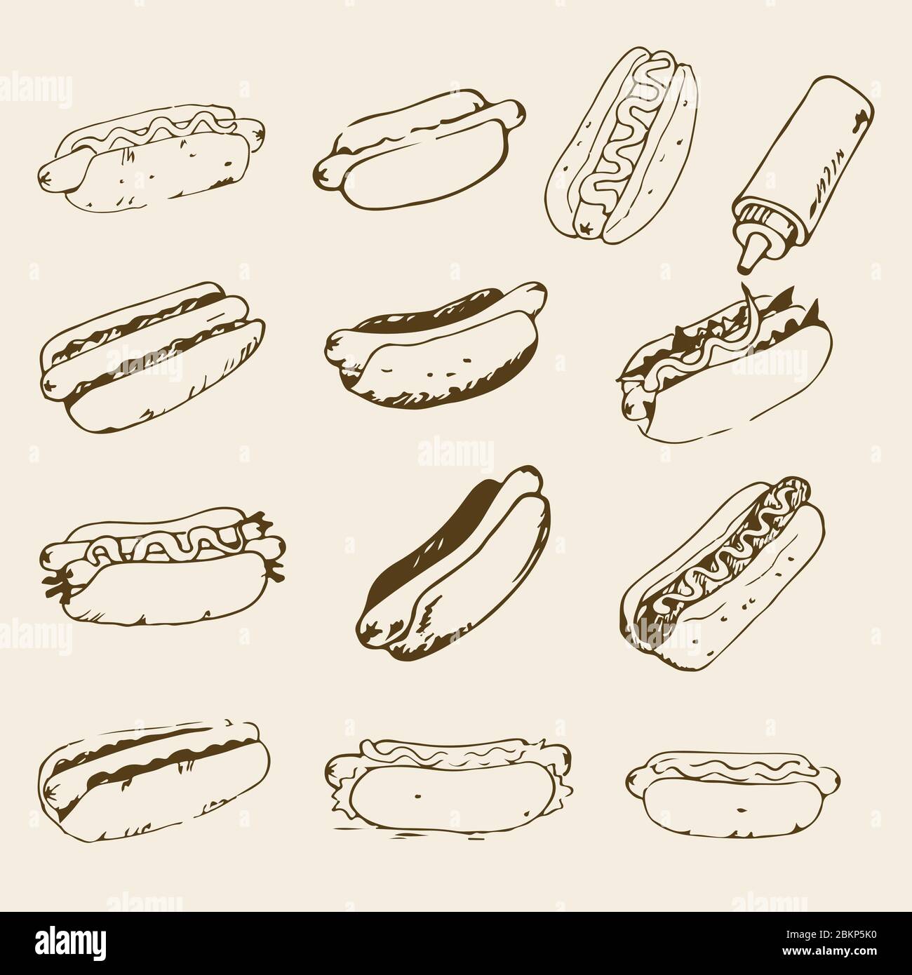 Hot Dog Handgezeichnete Illustrationen. Fast Food Design Elemente, Skizzen von Hotdogs mit Sauce, Mayonnaise und Gemüse. Monochromer EPS8-Vektor Stock Vektor