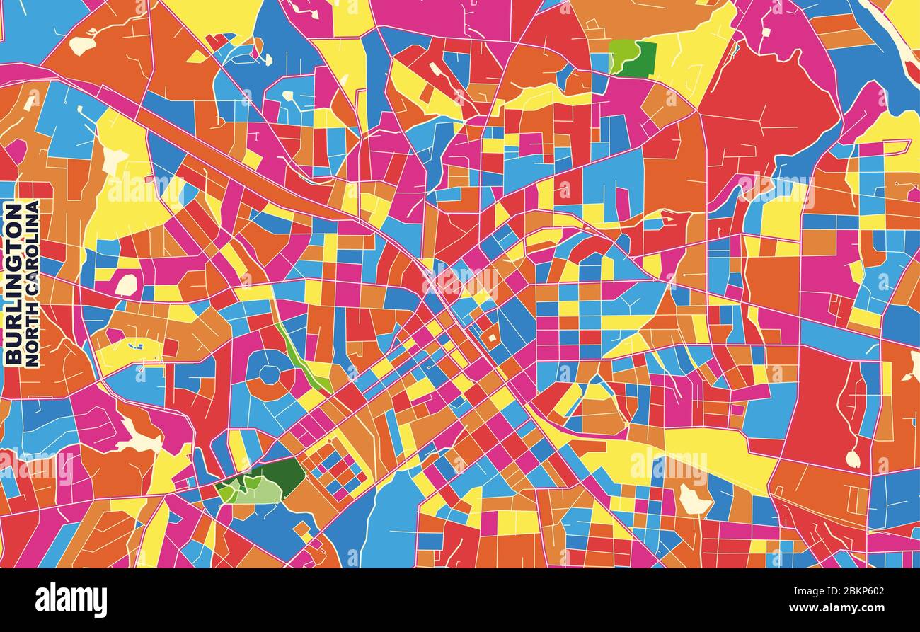 Bunte Vektorkarte von Burlington, North Carolina, USA. Art Map Vorlage für selbstdruckende Wandkunst im Querformat. Stock Vektor