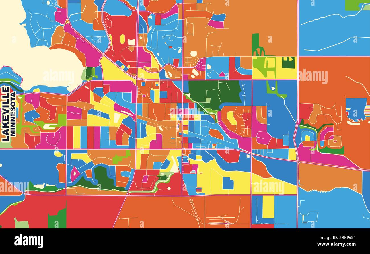 Bunte Vektorkarte von Lakeville, Minnesota, USA. Art Map Vorlage für selbstdruckende Wandkunst im Querformat. Stock Vektor