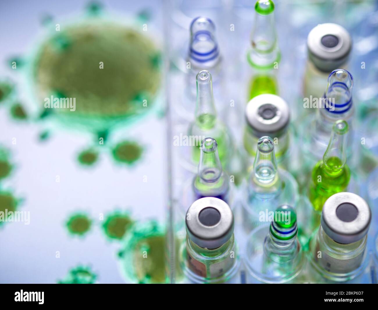 Pharmazeutische Forschung zu Krankheiten und Pandemien. Eine Vielzahl von Medikamenten, die im Labor mit einem 3D-Modell des Virus getestet werden. Stockfoto