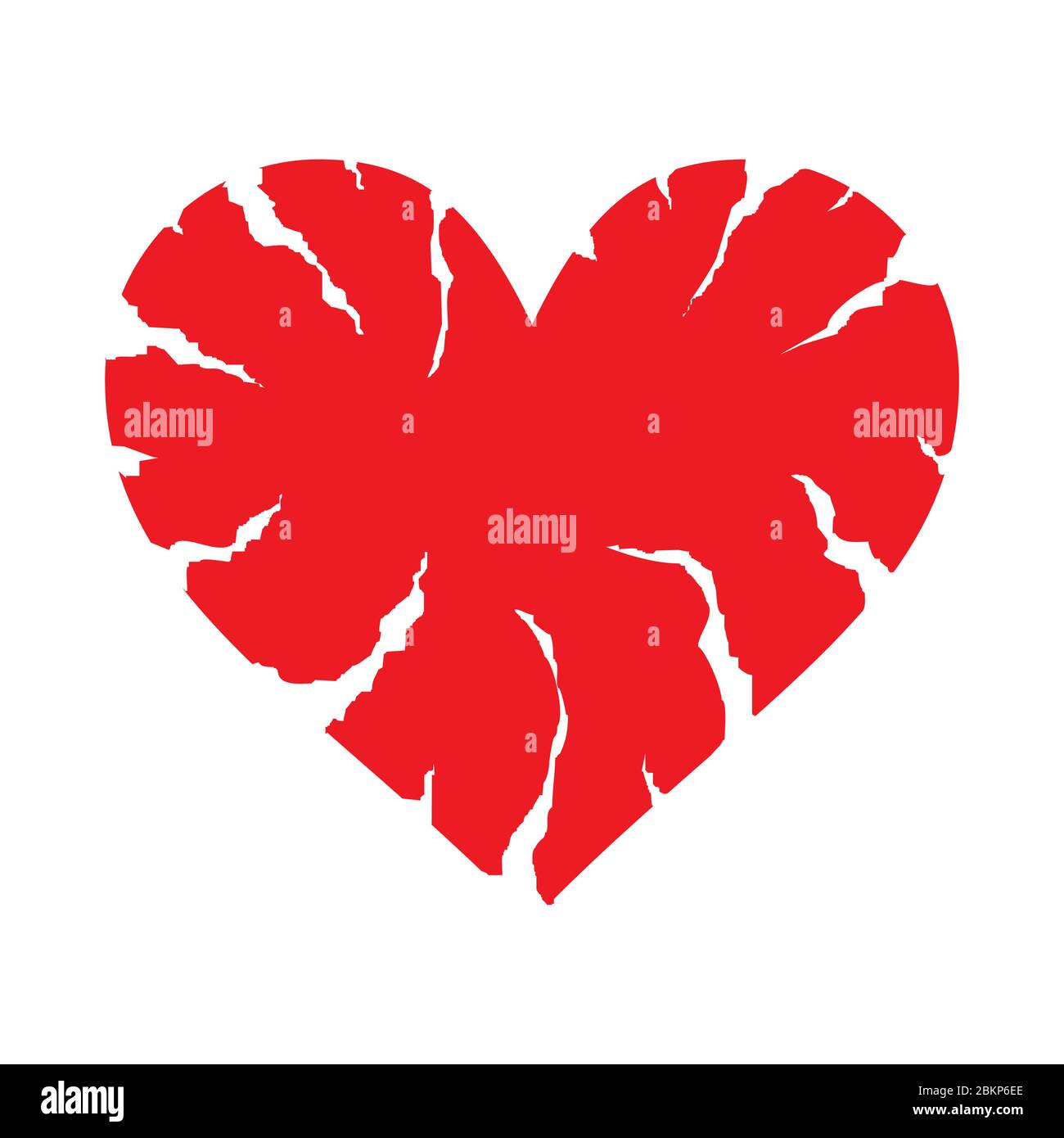 Rot gebrochenes Herz-Symbol auf weißem Hintergrund isoliert. Herzform mit Rissen und zerklüfteten Rändern. Symbol unglücklicher Liebe oder emotionaler Erfahrung. Scheidung Stock Vektor