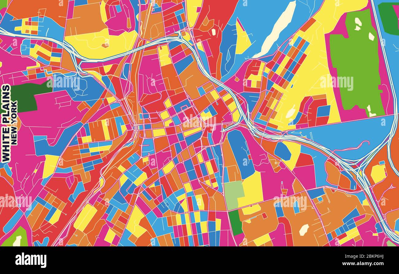 Bunte Vektorkarte von White Plains, New York, USA. Art Map Vorlage für selbstdruckende Wandkunst im Querformat. Stock Vektor