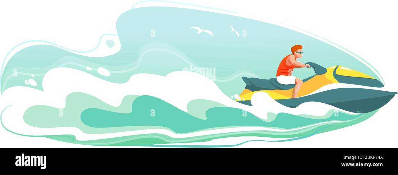 Jetski Landschaft Abdeckung Design. Man Ride Hydro Cycle in Sea Vektor Poster. Wassersport isoliert Hintergrund. Sommerurlaub auf Aquabike Ocean Waves Cart Stock Vektor