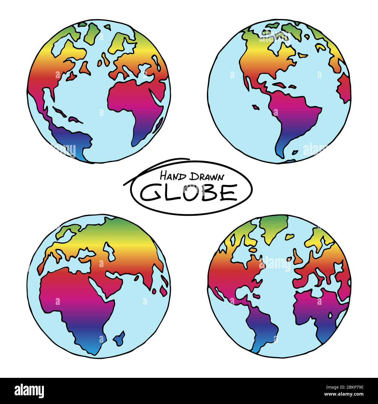 Handgezeichneter Globus in Regenbogenfarbe. Buntes Symbol für Freiheit, Gleichheit und Frieden. Nicht gerade präzise Skizze der Weltkarte. Einfach Stock Vektor