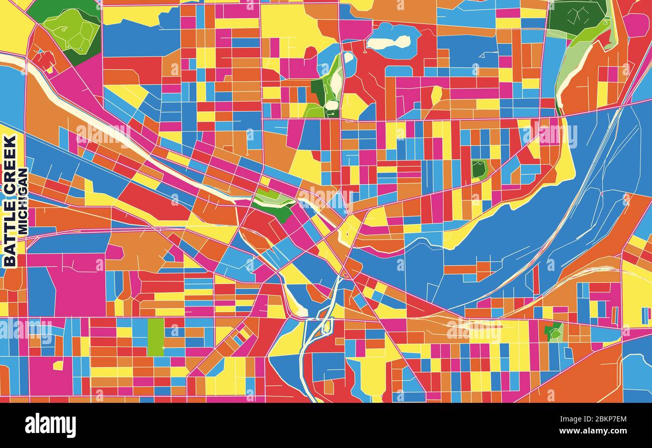 Bunte Vektorkarte von Battle Creek, Michigan, Vereinigte Staaten von Amerika. Art Map Vorlage für selbstdruckende Wandkunst im Querformat. Stock Vektor