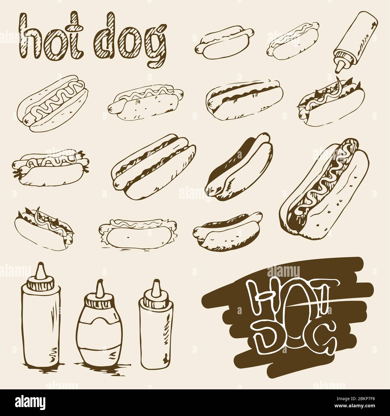 Hot Dog Handgezeichnete Illustrationen. Fast Food Design Elemente, Skizzen von Hotdogs, Flaschen mit Sauce, Mayonnaise und Hotdog handgeschriebene Etiketten Stock Vektor