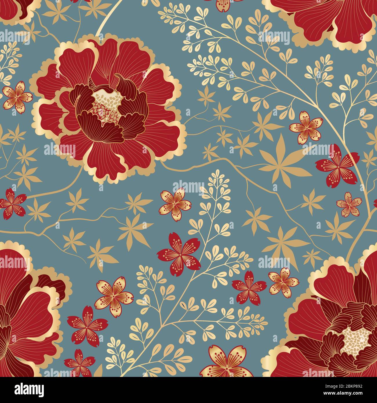 Florales Nahtloses Muster. Blumenhintergrund. Florieren Zierfliesentapete mit Blumen im fernöstlichen orientalischen Stil. Stock Vektor