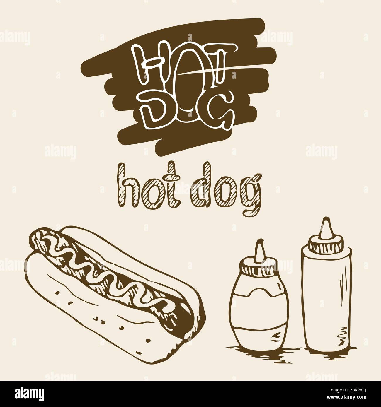 Handgezeichnete Abbildungen von Hot Dog. Fast-Food-Designelemente, Skizzen von Hotdog. Sauce und Mayonnaise in Kunststoffflaschen. Hot Dog handschriftlich Stock Vektor