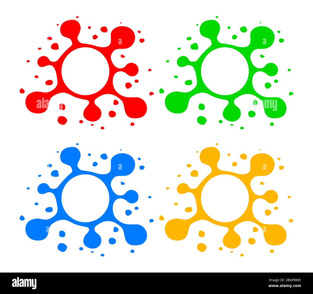 Stilisierte Blots mit Spritzern. Handgezeichnete Blots mit Leerzeichen in der Mitte. Blot-Symbole in rot grün blau und gelb Farben isoliert auf weiß. Blot de Stock Vektor