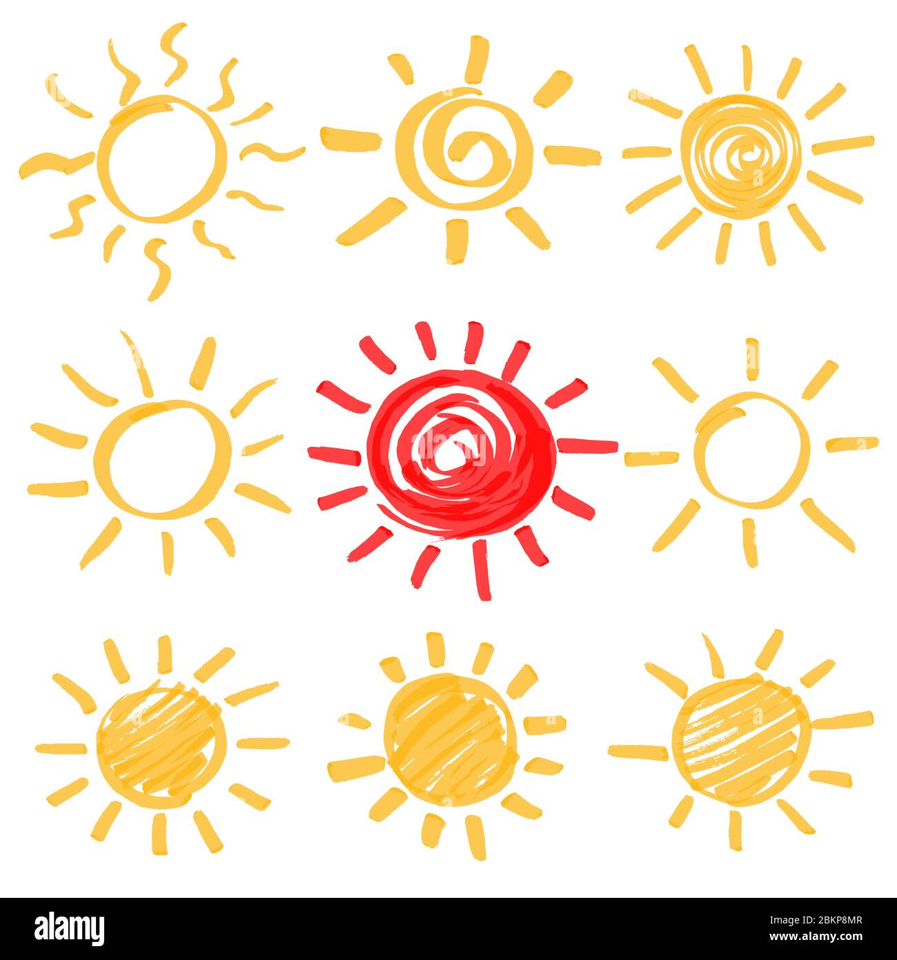 Markiertere Marker Sommer Sonne Design-Elemente. Set von Sonne Symbole Hand von gelben und roten Textmarker gezeichnet. Optimiert für Farbänderungen mit einem Klick. Ve Stock Vektor