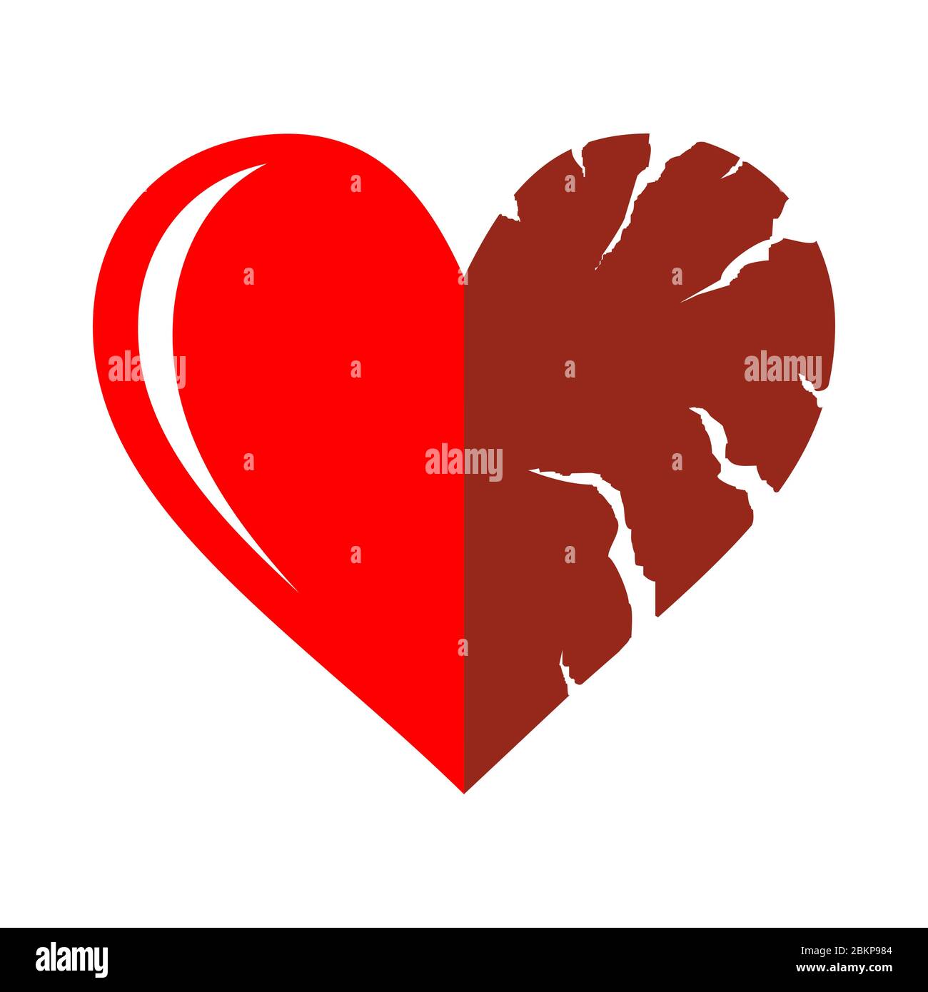 Zwei Hälften des roten gebrochenen Herzens Symbol isoliert auf weißem Hintergrund. Herzform mit Rissen und zerklüfteten Rändern. Symbol unglücklicher Liebe, emotionaler Erfahrung Stock Vektor