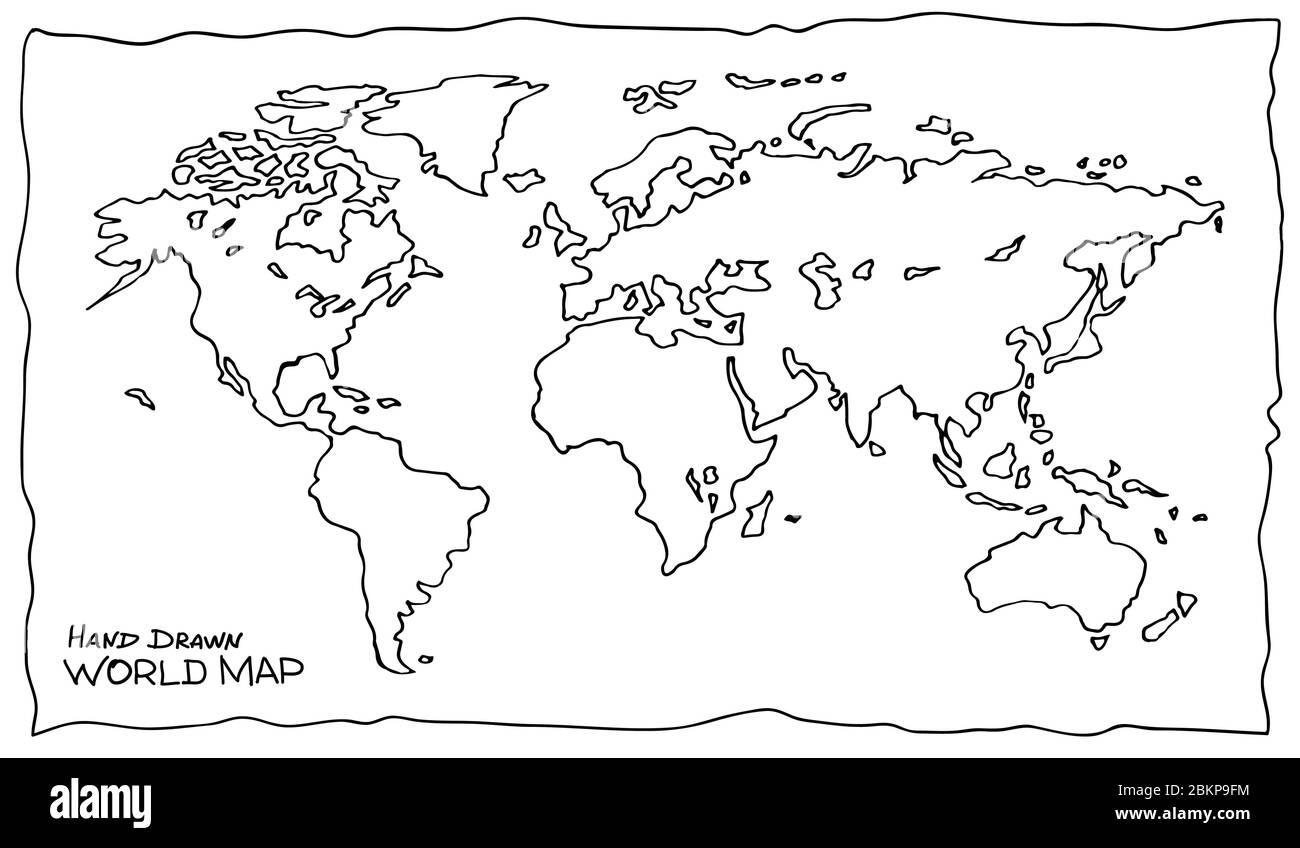 Handgezeichnete Karte der Welt. Nicht gerade präzise Skizze der globalen Karte in schwarz-weißen Farben. Skizzenhafte Erde mit Kontinenten und Ozeanen. Stock Vektor