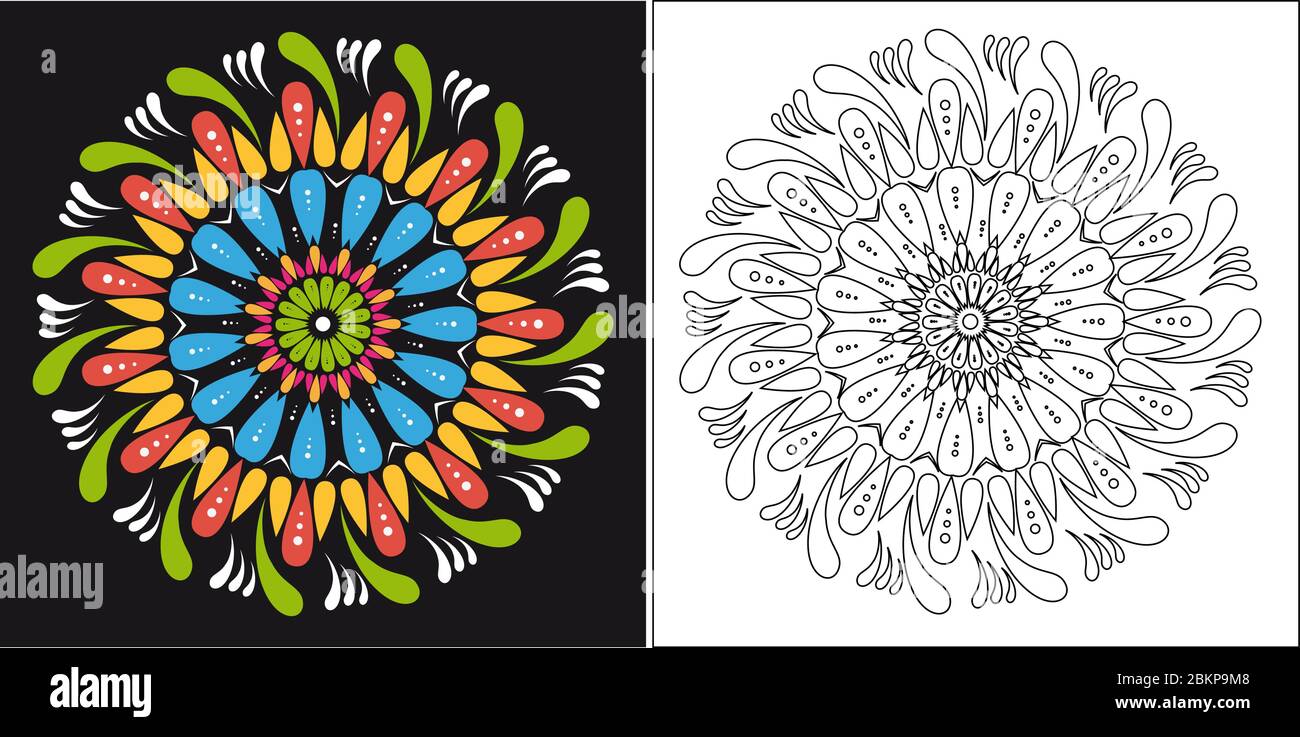 Malbuch Vorlage für Erwachsene und Kinder. Niedliche Mandala Cartoon Vektor Blume Stock Vektor