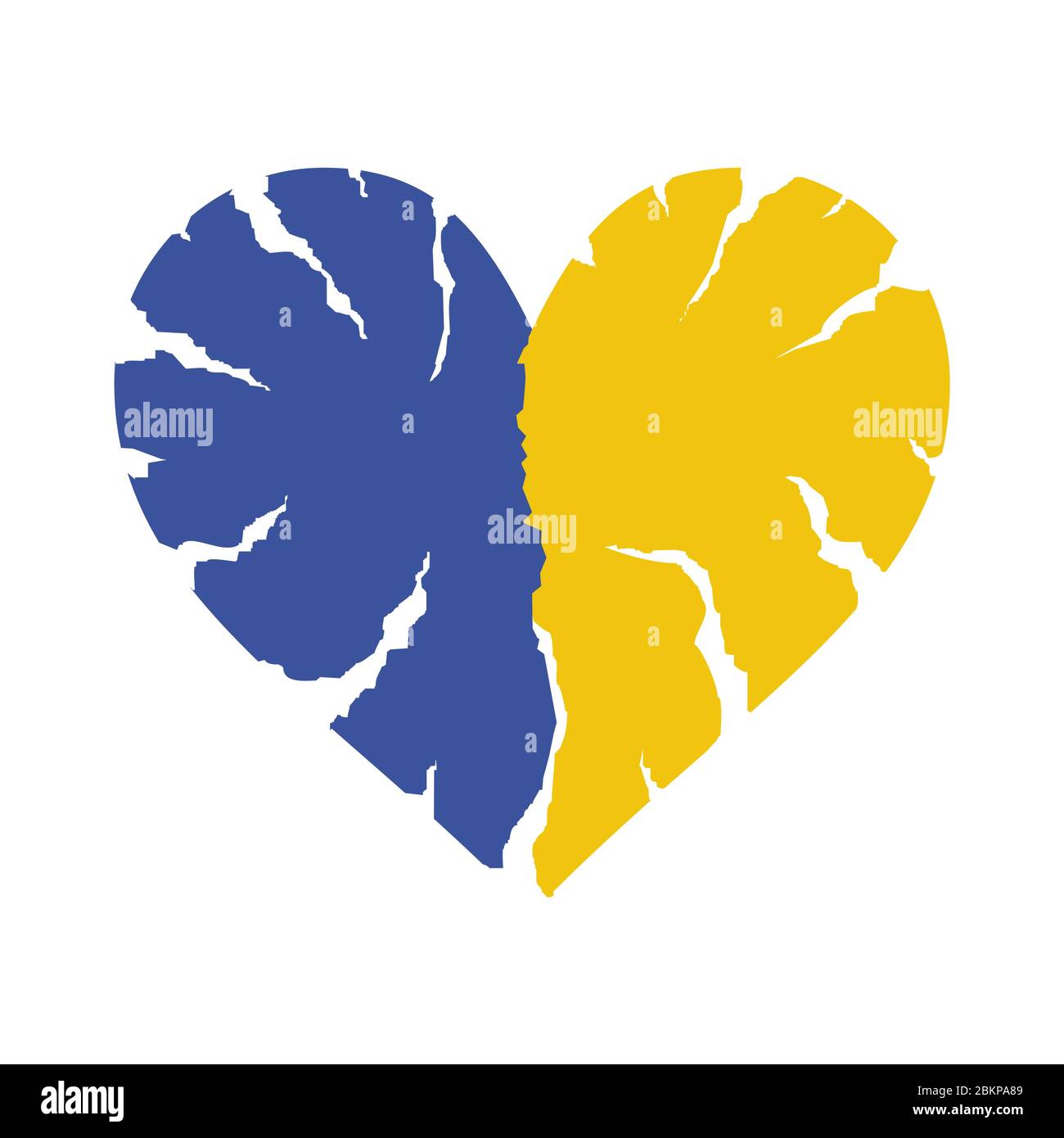 Blaue und gelbe Hälften des gebrochenen Herzens auf weißem Hintergrund isoliert. Herz-Symbol mit Rissen und zerklüfteten Kanten. Symbol unglücklicher Liebe oder emotionaler Ausdruck Stock Vektor