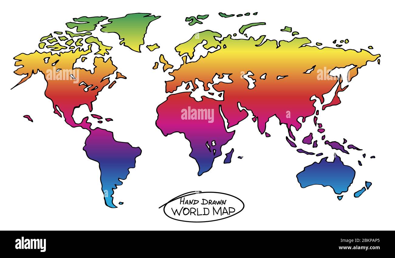 Bunte handgezeichnete Karte der Welt. Nicht gerade präzise Skizze der globalen Karte in leuchtenden Regenbogenfarben gefärbt. Begriffliches Symbol von Freed Stock Vektor