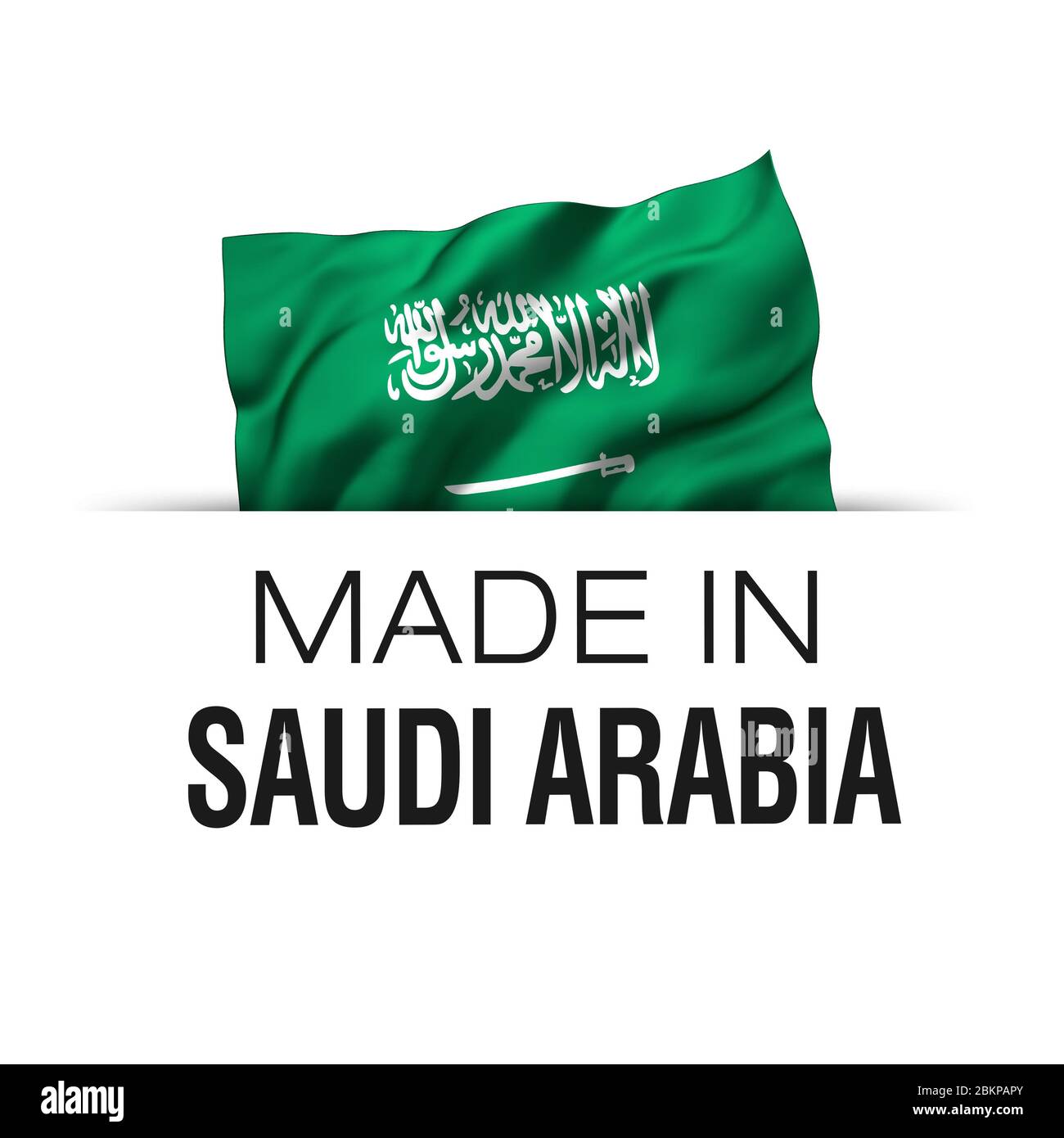 Made in Saudi Arabien - Garantie-Label mit einer winkenden Saudi-arabischen Flagge. 3D-Darstellung. Stockfoto